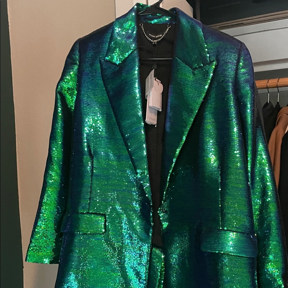 NADINE MERABI Iridescent Green Sequin Blazer